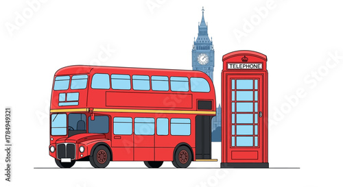 Colorful Lineart London Scene with Double Decker Bus and Phone Booth