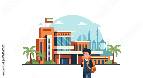 Flat Style Detailed Student in Front of United Arab Emirates School Building