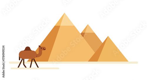 Flat Style Desert Scene with Camel and Pyramid Illustration