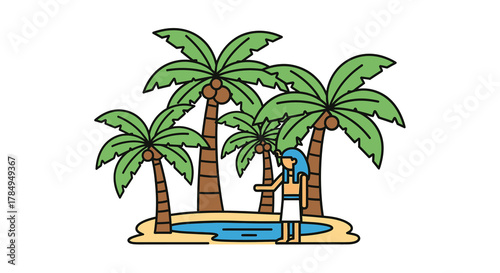 Flat Style Tropical Palm Tree and Egyptian Man Oasis Scene Illustration