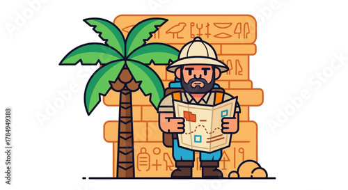 Cartoon Style Desert Explorer with Map at Ancient Egyptian Wall Illustration
