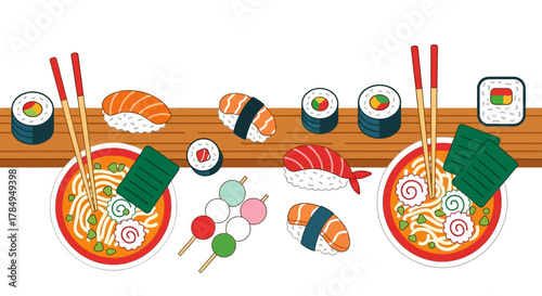 Flat Design Colorful Japanese Food Arrangement Ramen Sushi and Dango Dessert