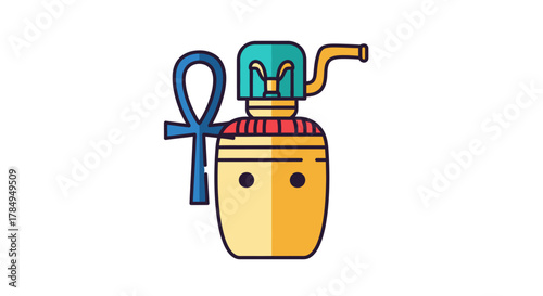 Colorful Ancient Egyptian Canopic Jar and Ankh Symbol Icon Illustration