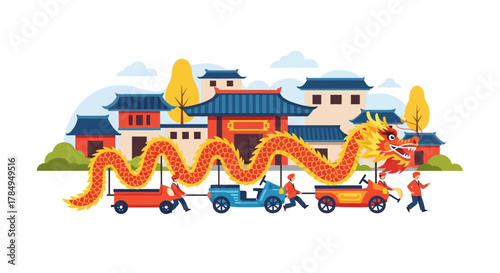 Flat Illustration Dragon Parade Celebration with People and Traditional Architecture