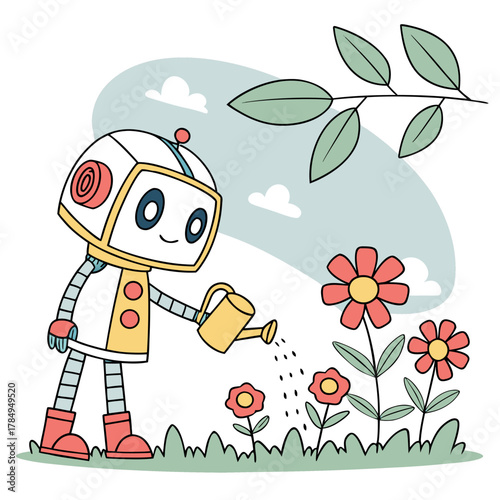 Cute cartoon robot watering flowers in a garden with a watering can