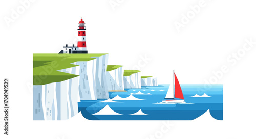 Flat Coastal Landscape with Lighthouse, Cliffs, and Sailboat on Bright Day