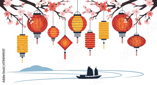 Decorative Lunar New Year Lanterns Hanging with Boat on River Illustration