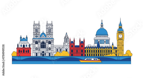 Flat Style Colorful London Cityscape Landmark Building and River Illustration