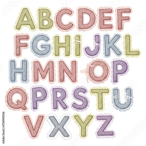 Crochet-style alphabet letters with lace edges in pastel colors, handcrafted vintage textile vector design on white background