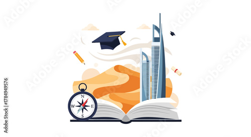 Flat Illustration Education in Saudi Arabia With Landmark Building and Desert