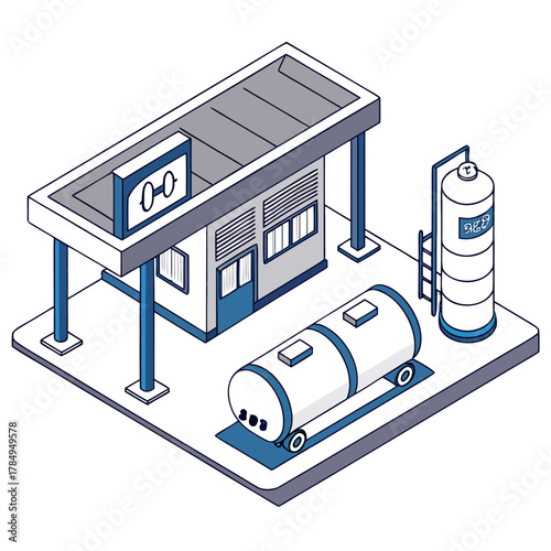 Isometric illustration of a modern gas station with storage tanks