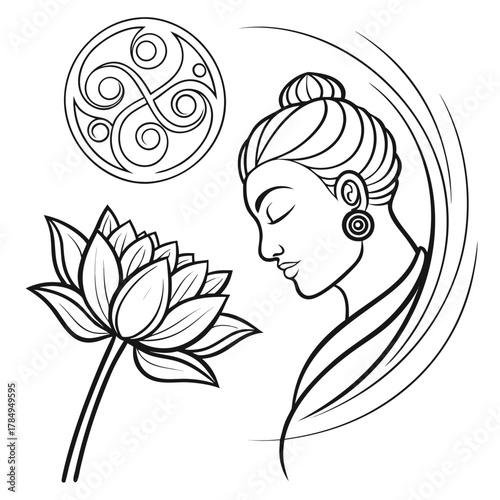 Serene buddha profile with lotus flower and circular symbol