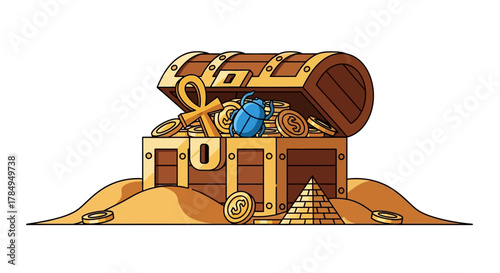 Line Art Egyptian Treasure Chest With Gold Coins and Scarab Illustration