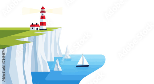Flat Coastal Lighthouse and Cliffside Landscape Scene with Sailboat Illustration