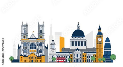 Modern Line Art London Cityscape Detailed Architecture and Sightseeing Landmarks