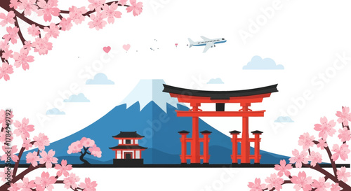 Flat Simple Japan Landscape with Cherry Blossom and Airplane Tourism