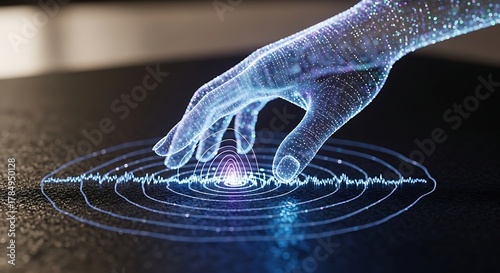 Digital Hand Touching Virtual Interface with Light Effects in Futuristic Technology Scene