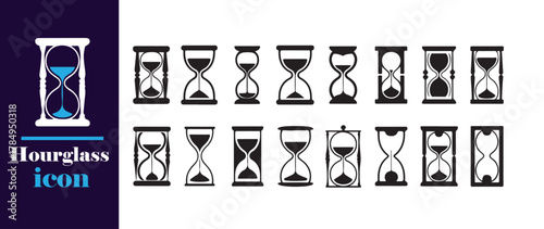 Black and White Hourglass Icons, Elegant Time Flow and Sand Clock Vector Set, vector illustration EPS 10.
