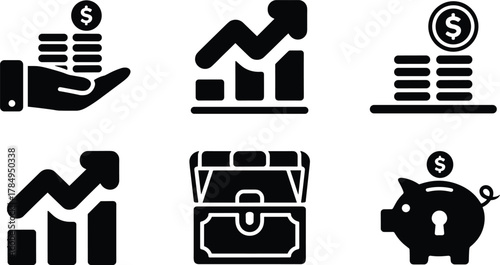 Financial Investment, Money Management, and Business Growth Solid Icon Set Vector