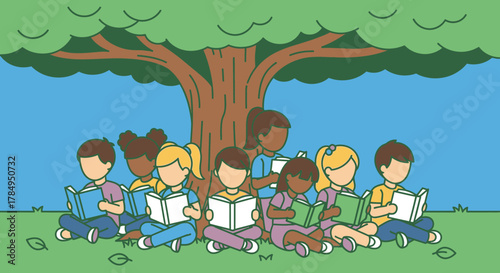 Diverse group of children reading books together under a large tree on a sunny day.