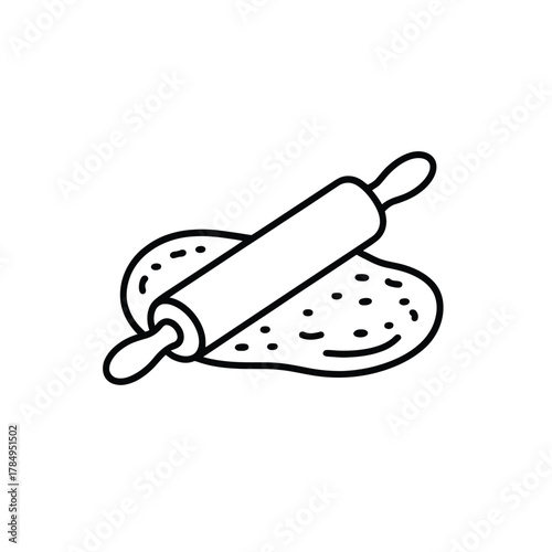 Hand drawn illustration of a rolling pin flattening dough with flour specks