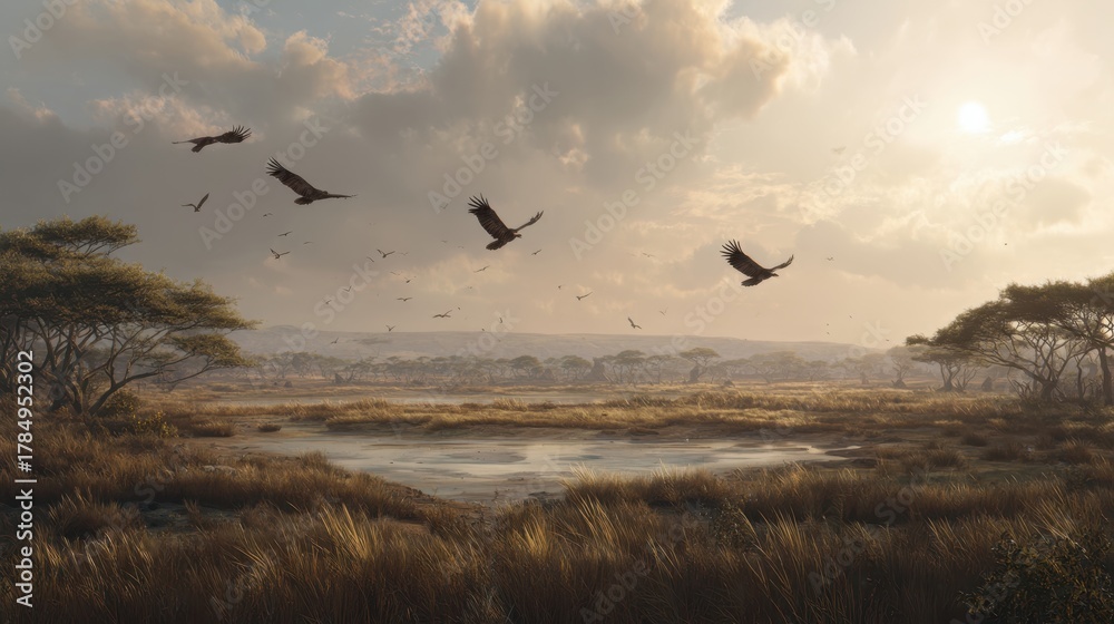 Obraz premium Panoramic View of African Savannah with Soaring Vultures During Sunset
