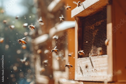 Bees flying to landing boards in an apiary