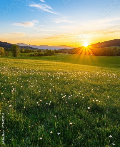 An idyllic summer scene of a field with flowers during sundown.