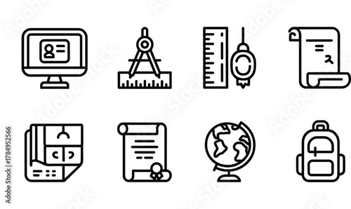 Education, Engineering, and School Supplies Line Icon Set Vector Illustration