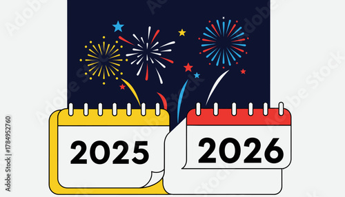 Illustration depicting the transition from 2025 to 2026 with celebratory fireworks.