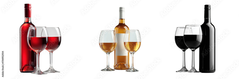 Fototapeta premium Set of Three wine bottles and glasses on a white background. isolated on a transparent background.