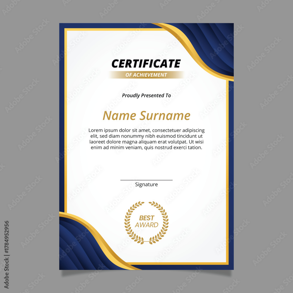 Obraz premium Certificate Template with Elegant Blue Gold Border for Awards, Recognition, Achievement or Certification