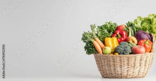 A white background is used to isolate fresh vegetables and fruits.