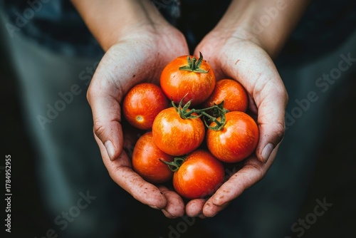 Fresh tomatoes being held by a farmer at sunset. Agriculture, food, and vegetables