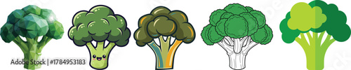 Broccoli Vegetable Styles Low Poly Flat Vector Set