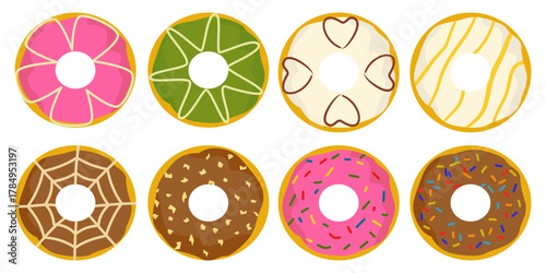Delicious sugar and chocolate glazed ring donuts sprinkled with colorful cookie crumbs, isolated on a white background, creating a delicious dessert atmosphere.