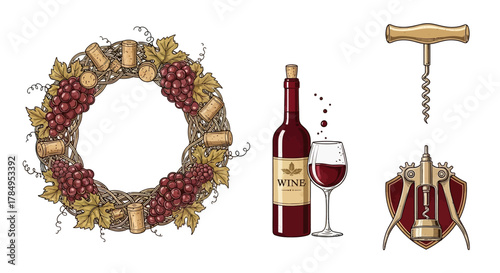 Elegant Wine Vector Elements with grapevine wreath and corkscrew for festive cellar branding