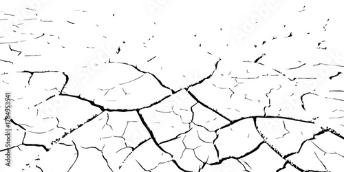 Black and white cracked dry earth texture background, drought soil surface pattern, broken ground parched land detail, climate change environmental disaster abstract nature illustration for design use