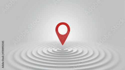 3D Animation of a Red Map Pin Dropping Creating Ripple Effects on a Smooth Surface
