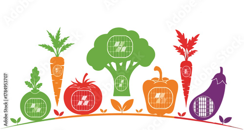 Set of healthy food icons including vector illustrations of fresh vegetables, fruits, apple, tomato, and carrot design elements