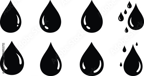 Water droplet icons, black silhouette, liquid shapes, drip effect, splash design, vector set, glossy drops, fluid symbols, graphic elements