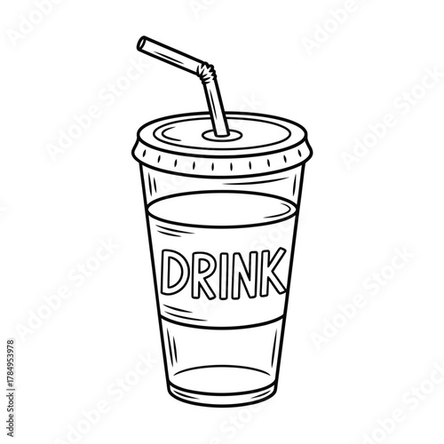 Hand drawn sketch of a disposable cup with a straw and the word drink