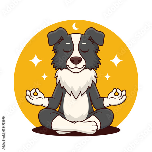 Cartoon illustration of a dog meditating in a lotus position with a moon and stars.