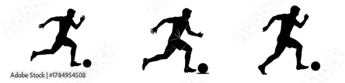 Dynamic soccer player silhouettes in action dribbling the ball for sports marketing materials and athletic branding projects, great for logo design