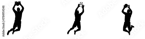 Dynamic soccer goalkeeper silhouettes in action saving goals, perfect for sports branding and athletic designs, capturing the spirit of competitive play
