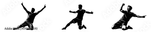 Dynamic soccer player silhouettes celebrating victory with passion and energy, perfect for sports branding, editorial use, and motivational content.