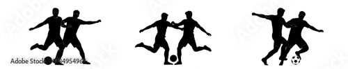 Dynamic soccer players in silhouette battling for the ball on the field, showcasing athleticism and competition, perfect for sports and team themes