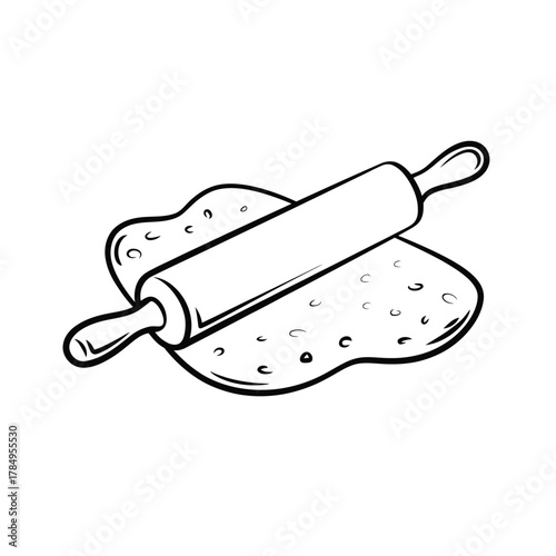 Hand drawn illustration of a rolling pin flattening dough for baking or cooking