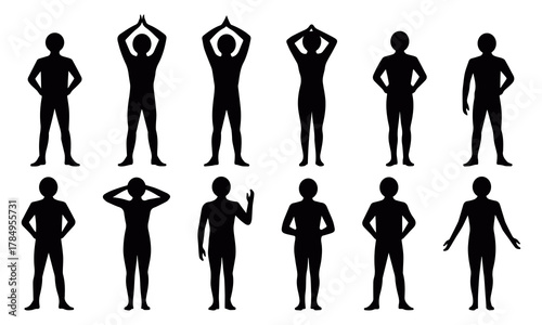 Standing silhouette pictogram vector set showing male and female body postures in confident gesture style, modern minimal stickman icon design for business, teamwork, and motivation concept