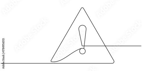 Exclamation continuous line attention stop sign caution danger alert mark icon. Line hazard exclamation safety risk point illustration important road triangle mistake error outline alarm drawing mark.